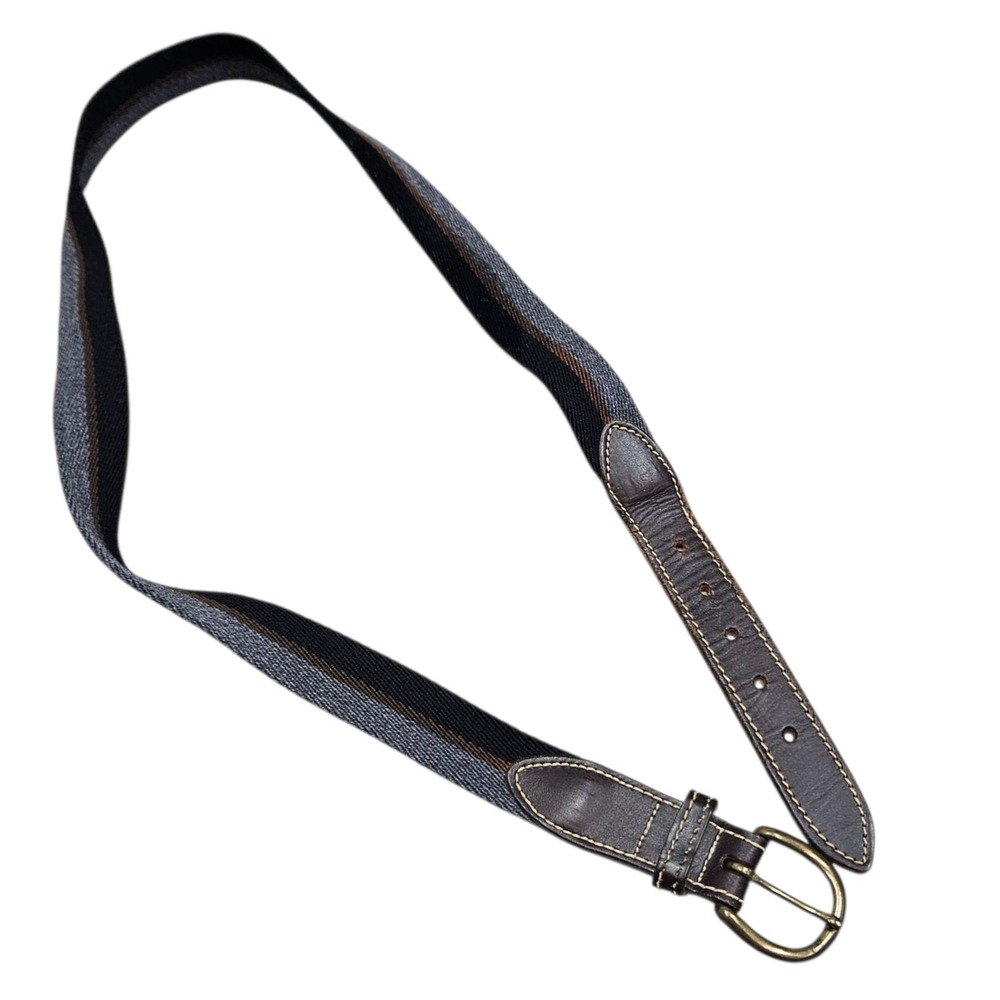 Calvin Klein Mens Belt 38 Brown Leather Woven Black Grey Adjustable Brass Buckle